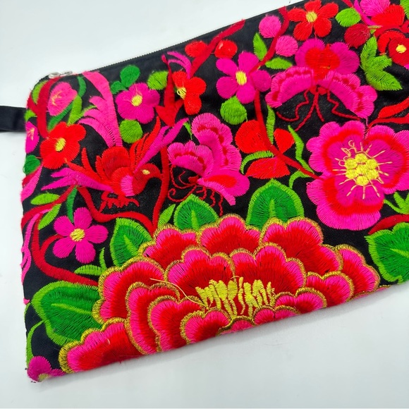 Embroidered Tropical Floral Bird Clutch Makeup Bag Travel Pouch Boho Colorful - Picture 3 of 12
